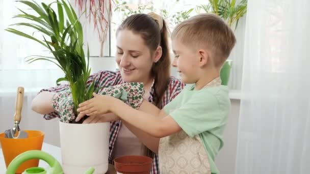 Boldog családi kertészkedést otthon és fák ültetését. A kertészkedés, a hobbi, az otthoni ültetés fogalma. — Stock videók