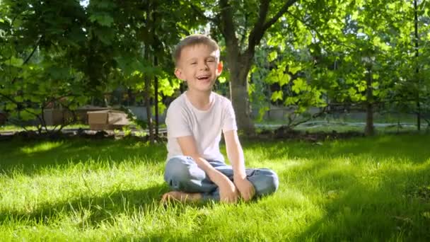 Dolly colpo di felice ridendo e sorridente ragazzo rilassante su erba in giardino cortile. Genitorialità, famiglia, sviluppo dei bambini e divertimento all'aria aperta nella natura. — Video Stock