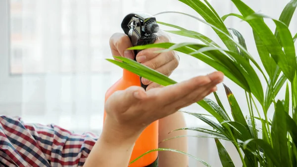 Mujer jardinería en casa y regar las plantas con aspersor. Concepto de jardinería, hobby, plantación casera. — Foto de Stock