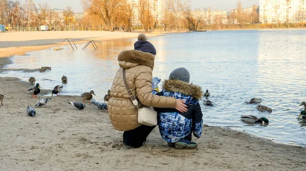 Young mother with little boy taking care of ducks on the lake and feeding them with bread and seeds — Stock Photo, Image