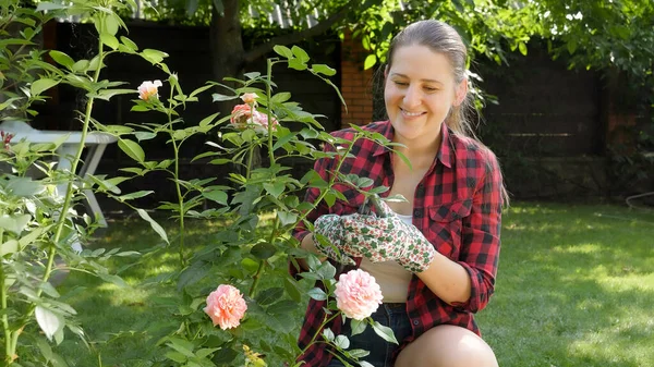 Vacker leende kvinna i handskar som tar hand om blommande rosor i trädgården på hus bakgård. — Stockfoto