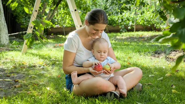 Bonito menino sentado em mães pernas no jardim e olhando para maçãs maduras frescas — Fotografia de Stock