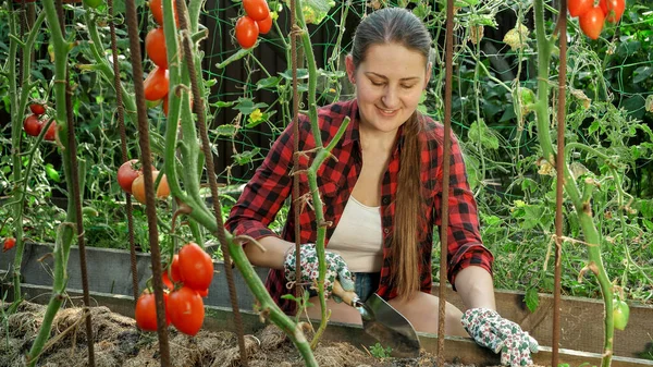 Smuk smilende kvinde sprøjter jord og jord med metalspade i haven - Stock-foto