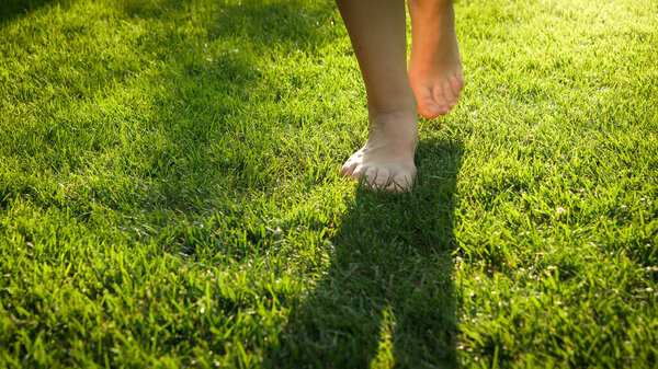 Closeup of barefoot woman walking on fresh green grass at sunset sun. Concept of healthy lifestyle, freedom and relaxation in nature.