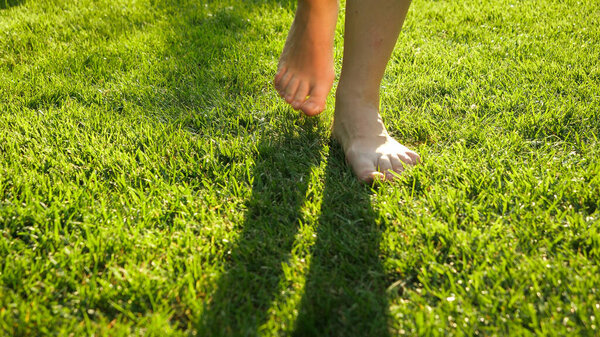 Closeup of barefoot woman walking on grass lawn at park. Concept of healthy lifestyle, freedom and relaxation in nature.