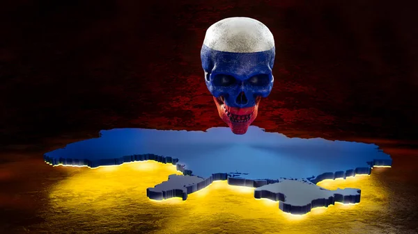 Resa 3D del cranio con bandiera russa appesa sulla mappa dell'Ucraina. Concetto di guerra, invasione, conflitto militare, bombardamento, morte civile. — Foto Stock