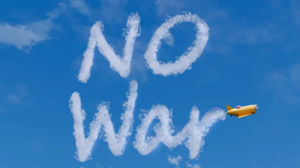 3d renderização de avião escrevendo Nenhuma guerra letras no céu. Conceito de parar a guerra na Ucrânia, agressão russa, invasão, conflito, ajuda para a UE e EUA. — Fotografia de Stock