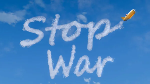 Renderização 3D de aviões de brinquedo escrevendo Stop War no céu. Conceito de guerra na Ucrânia, agressão russa, invasão, conflito, ajuda e apoio da UE e dos EUA. — Fotografia de Stock