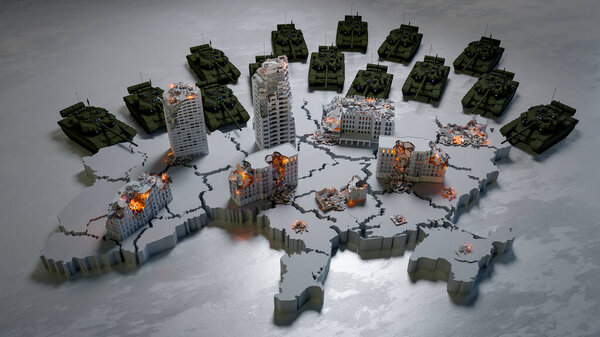 Chars russes et machines militaires entourant et tirant dans les maisons civiles et les gens en Ukraine. Concept de guerre, invasion russe, conflit militaire, bombardement, mort civile. rendu 3D — Photo