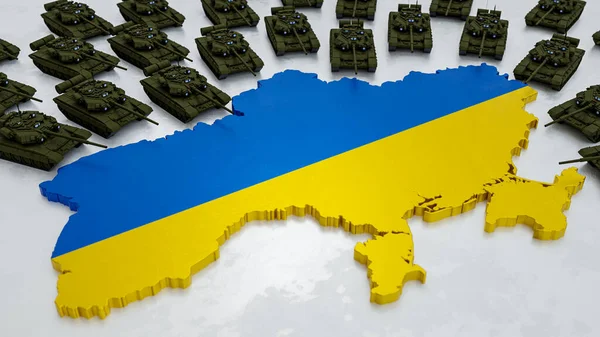 Російські унітарні танки оточують Україну. Прапор України над картою. Концепція війни, вторгнення росіян, військовий конфлікт, бомбардування, цивільна смерть. 3D render. — стокове фото