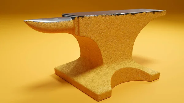 Нарисованный кузнец наковальня на желтом фоне студии. Концепция ремесел, ручной и металлообработки. 3D рендеринг. — стоковое фото