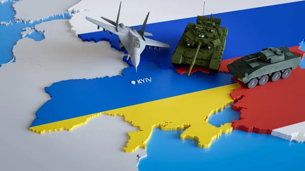 3d render of russian militaary airplane, tank and armored vehicle attacking map of Ukraine. Concept of war conflict, invasion, military aggression, political crisis, EU danger.