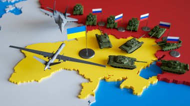 3 boyutlu Ukrayna askeri hava aracı ve tankları Rus uçağı ve zırhlı araçlara karşı savaşıyor. Savaş çatışması, işgal, askeri saldırganlık, siyasi kriz, AB tehlikesi kavramı