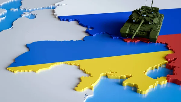 3d render of russian tank aiming in map of Ukraine. Concept of war conflict, invasion, military aggression, political crisis, EU danger