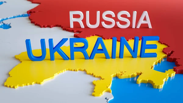 Rendering 3d di Ucraina e Russia paesi sulla mappa. Concetto di conflitto bellico, invasione, aggressione militare, crisi politica, pericolo per l'UE — Foto Stock