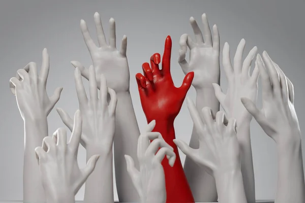 Одна Червона Рука Піднімається Серед Натовпу Білих Рук Концепція Демократії — стокове фото