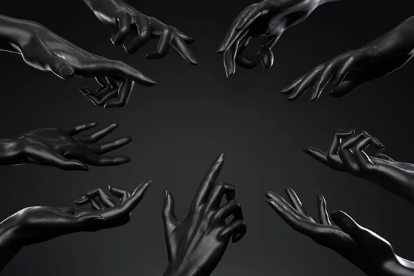 Багато Чорних Жіночих Рук Вказують Чорний Фон Візуалізація Ідеальне Зображення — стокове фото