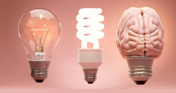 Incandescent Energy Saving Human Brain Light Bulbs Row Concept Evolution — Fotografia de Stock
