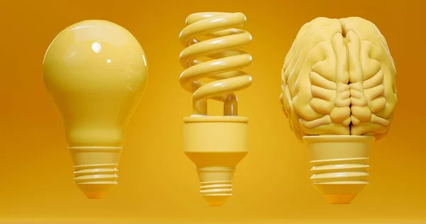 Incandescent Energy Saving Human Brain Light Bulbs Yellow Background Concept — Fotografia de Stock