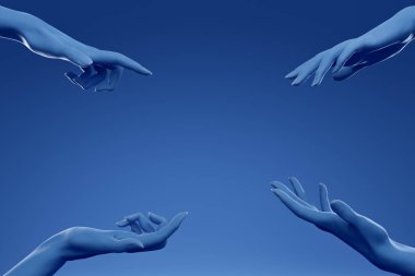 Mavi arkaplandaki boşluğu gösteren 4 mavi el. Kozmetik ürünleriniz, moda ürünleriniz ya da mücevherleriniz için mükemmel bir geçmiş. 3B görüntüleme.