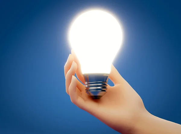 Human Hand Holding Glowing Light Bulb Blue Background Concept Energy — Stock Photo, Image