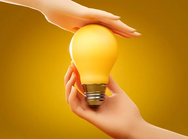 Duas Mãos Humanas Segurando Lâmpada Amarela Incadescente Conceito Economia Energia — Fotografia de Stock