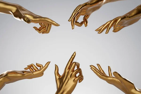 Lots Golden Human Hands Different Gestures Pointing White Background Human — Fotografia de Stock