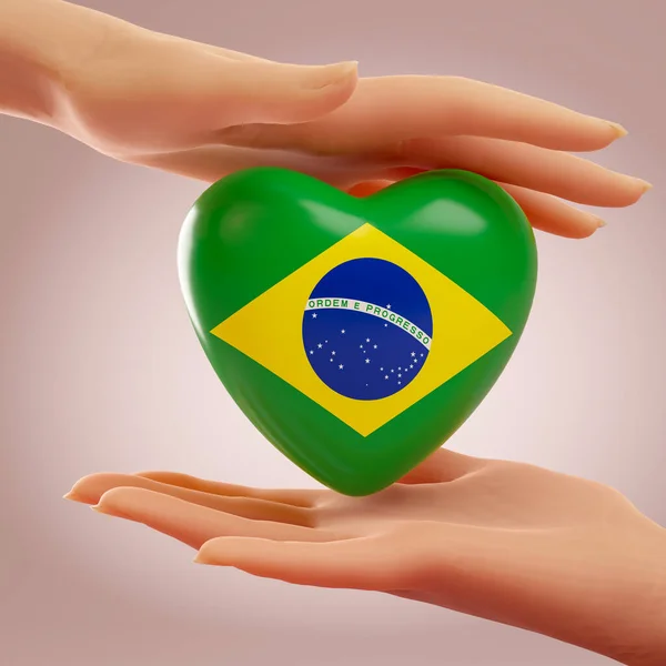 Two Hands Holding Heart Flag Brazil Concept Love Freedom Independence — Stock Photo, Image
