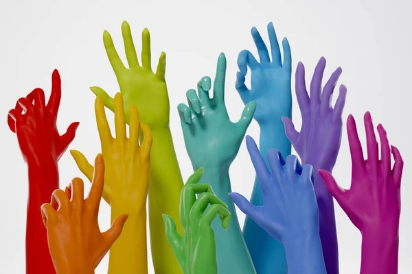 Lots Colorful Raised Hands White Background Rigths Freedom Lgbt People — Fotografia de Stock