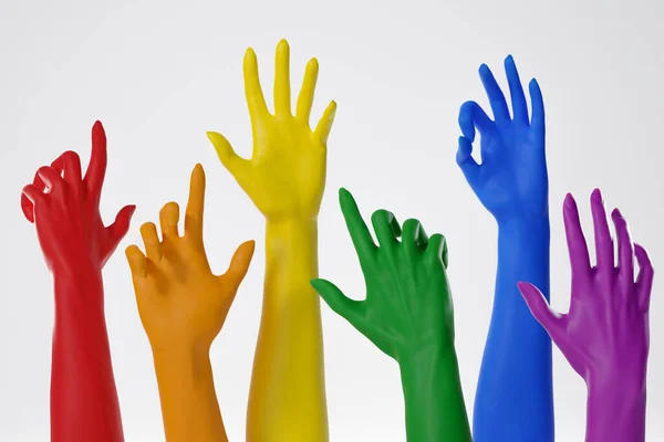 白い背景に虹色に塗られた手を上げる Lgbtの人々の権利と自由 Lgbtq ゲイコミュニティと多様性の概念 3Dレンダリング — ストック写真