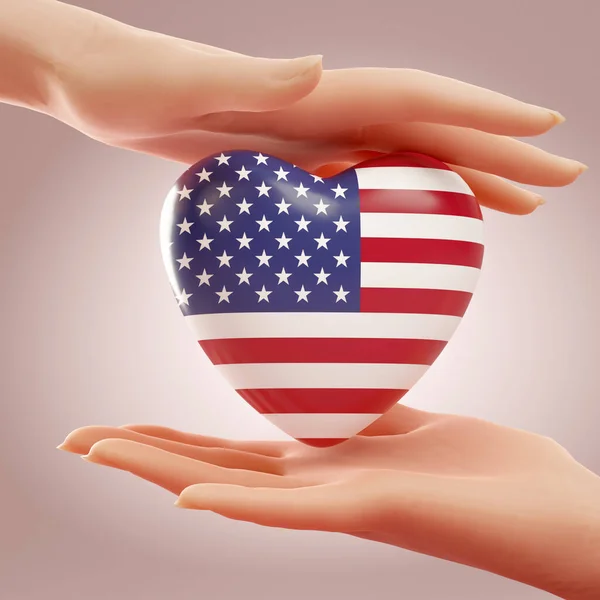 Две Руки Держащие Сердце Флагом Сша Концепция Любви Свободы Независимости — стоковое фото