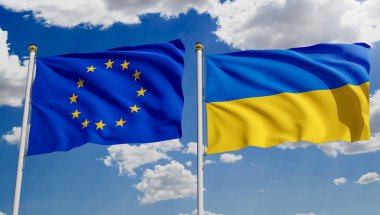 European Union and Ukrainian flags over blue sky. Concept of diplomacy, agreement, international relations, trading, business between EU and Ukraine. 3D rendering