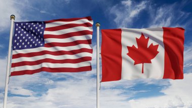 Mavi gökyüzünde Amerikan ve Kanada bayrakları. Diplomasi, anlaşma, uluslararası ilişkiler, ticaret, ABD ve Kanada arasındaki iş kavramı. 3B görüntüleme