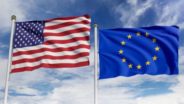 American and EU flags over blue sky. Concept of diplomacy, agreement, international relations, trading, business between USA and European Union. 3D rendering