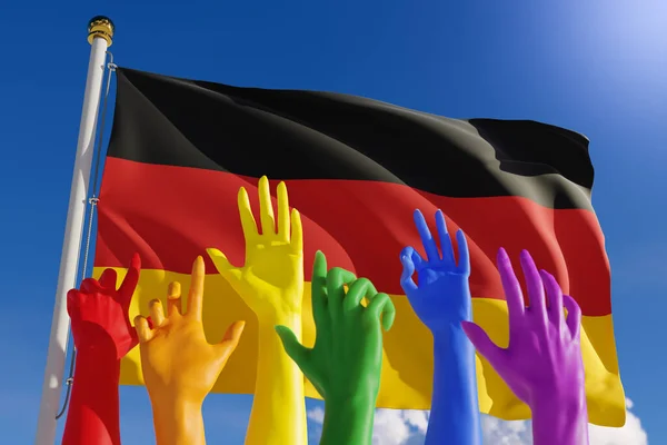 Regenbogenfarbene Hände Von Der Lgbt Gemeinschaft Über Der Deutschlandfahne Deutsche — Stockfoto