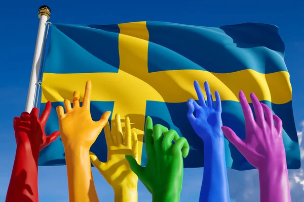 Rainbow Colored Hands Lgbt Community Flag Sweden Swedish Gay Parade — 图库照片