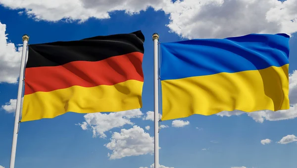 Γερμανικές Και Ουκρανικές Σημαίες Πάνω Από Τον Γαλάζιο Ουρανό Έννοια — Φωτογραφία Αρχείου