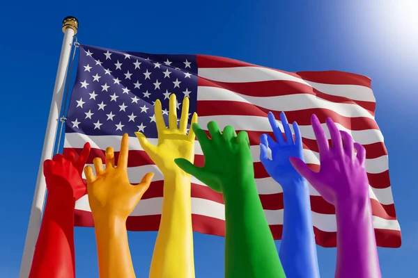 Рейнбоу Раскрасил Руки Сообщества Lgbs Над Флагом Сша Американский Гей — стоковое фото