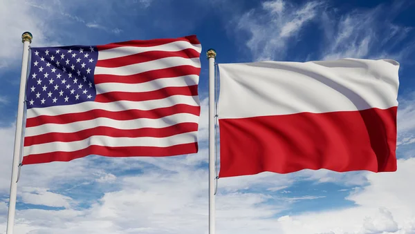 Американские Польские Флаги Над Голубым Небом Концепция Дипломатии Соглашения Международных — стоковое фото