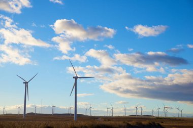 Elektrik üretimi için rüzgar türbinleri, Zaragoza ili, İspanya Aragon.