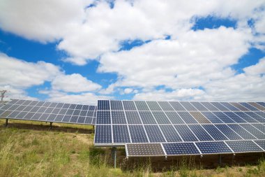 Burgos Eyaleti, Castilla Leon, İspanya 'da elektrik üretimi için devasa güneş panelleri.