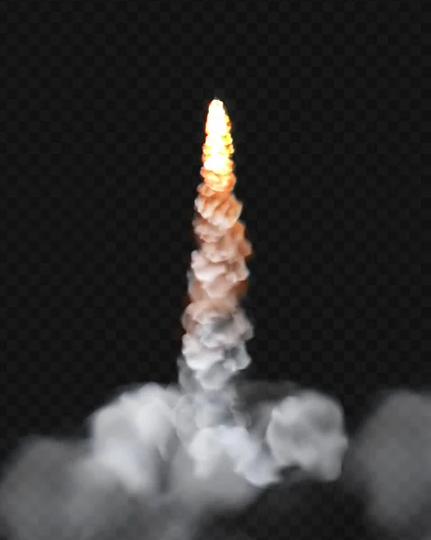 Rocket fire and smoke trails, vector realista nave espacial elemento de lanzamiento. Lanzamiento de cohetes espaciales o lanzamiento de llamas de fuego de chorro, rastros de lanzadera de avión, elemento aislado sobre fondo transparente — Vector de stock
