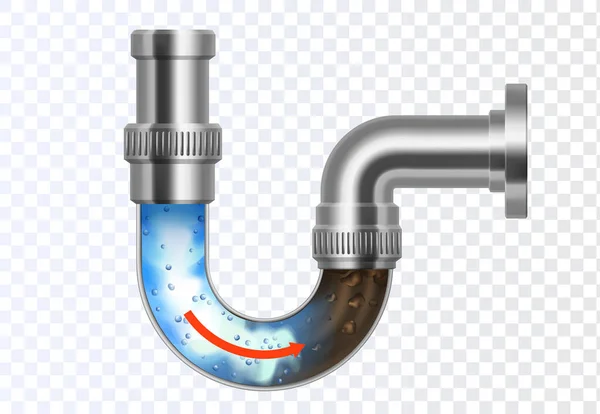 Tesisat işi. Boru hattı tıkanmış. 3D gerçekçi metal boru hattı. Boru temizleyici. Güçlü bir kimyasal madde borudaki tıkanıklığı temizler. Temizlik ürünü reklam elementi.