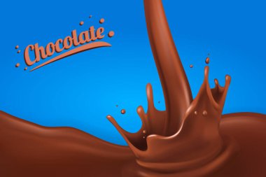 Çikolata lekesi 3D soyut gerçekçi süt damlası mavi arka planda izole edilmiş. Reklam elementi, paket tasarımı. vektör