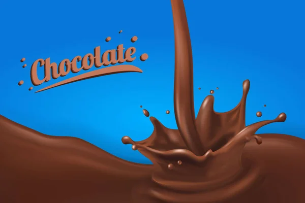 Chocolate splash 3D.Abstract gota de leite realista com salpicos isolados em fundo azul.element para publicidade, design de pacote. vetor —  Vetores de Stock