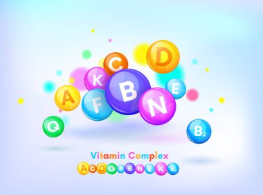 Vitamin Kompleksi Renkli Vektör hapları kapsülü. Sağlık hizmetleri, sağlıklı yaşam tarzı ve yararlı mikro elementler hakkında bir ilüzyon. Parlak gökkuşağı renklerinde farklı vitamin simgeleri. Tıbbi polivitamin.