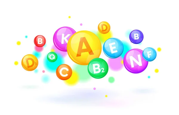 Vitamin Kompleksi Renkli Vektör hapları kapsülü. Sağlık hizmetleri, sağlıklı yaşam tarzı ve yararlı mikro elementler hakkında bir ilüzyon. Parlak gökkuşağı renklerinde farklı vitamin simgeleri. Tıbbi polivitamin.