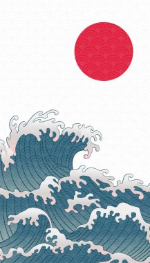 Okyanus dalgaları ve güneşin Asya çizimi. Dalga köpüğü. Jüpiter 'in.