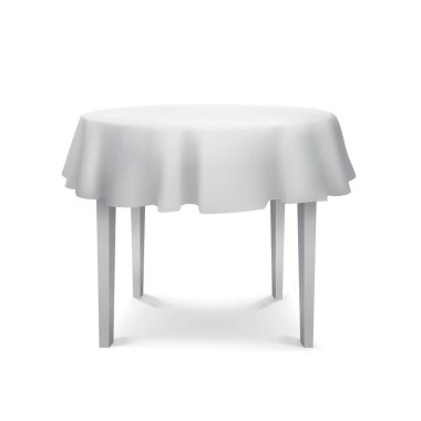 Vector Empty Wood Four Legs Round Table with White Tablecloth Isolated on White Background