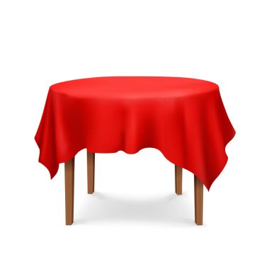 Vector Empty Wood Four Legs Round Table with Red Tablecloth Isolated on White Background